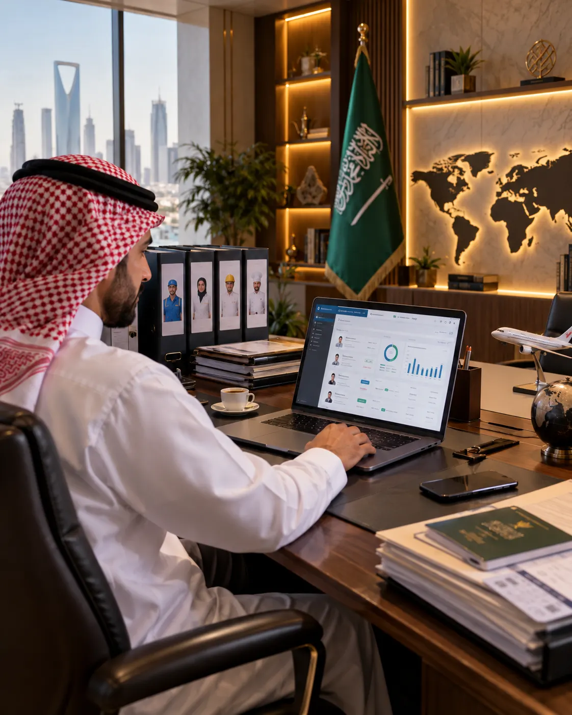 صاحب مكتب استقدام يتابع الشغل من جهازه — صورة تعبيرية